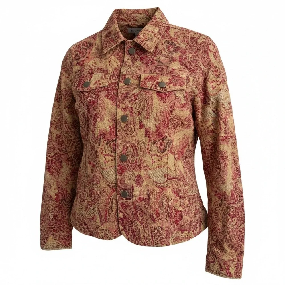Analogy Petites Paisley Print Denim Jacket Women's Size PS Red Beige Textured